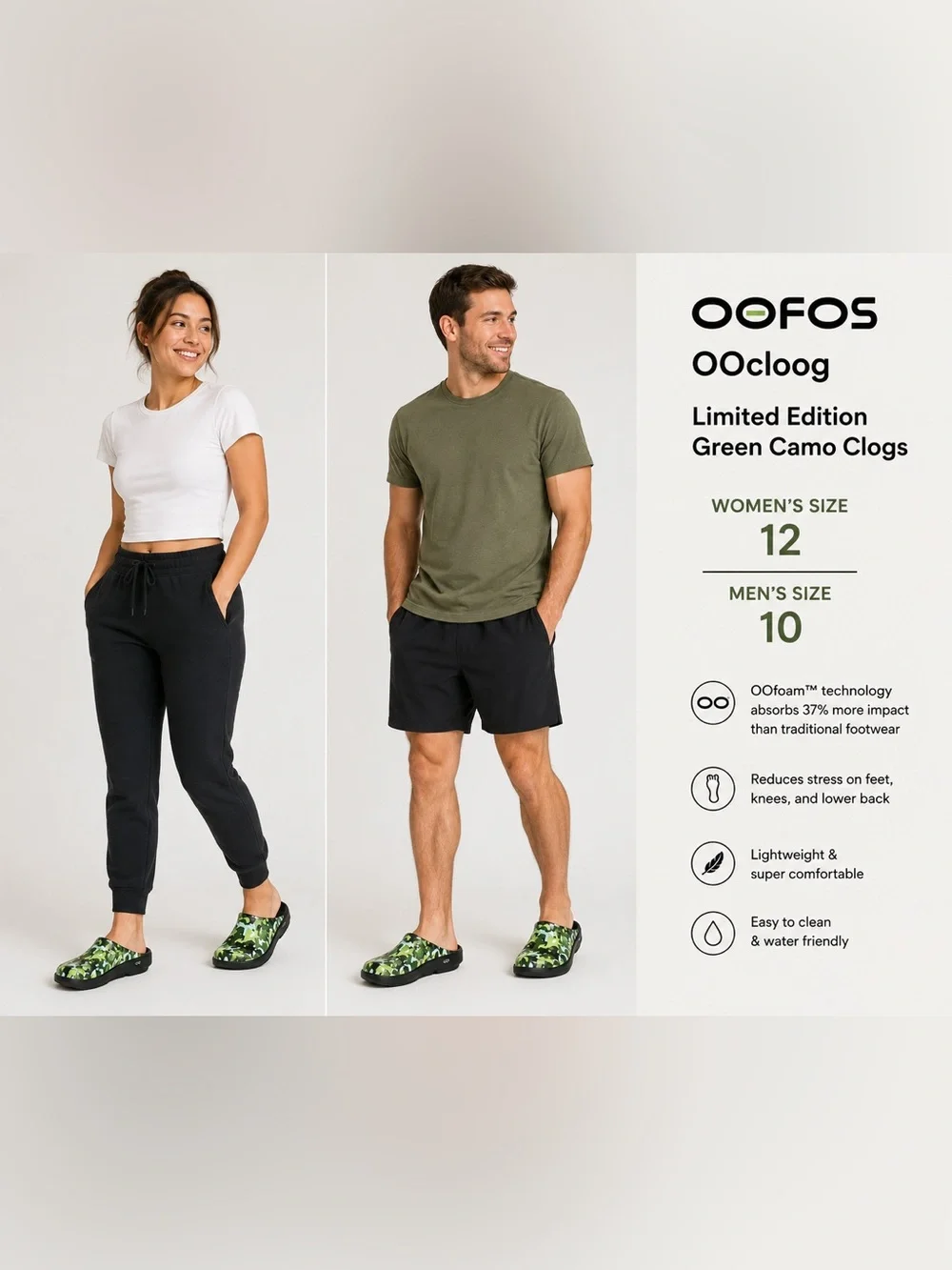 OOFOS OOcloog Limited Edition Green Camo Recovery Clogs Size M10 Comfort Shoes